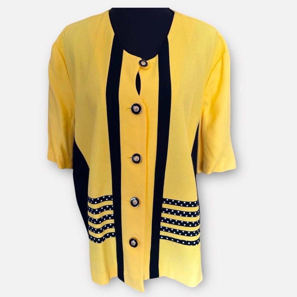 Vintage Perceptions Yellow Black Polka Dot Short Sleeve Button Down Top Size 18